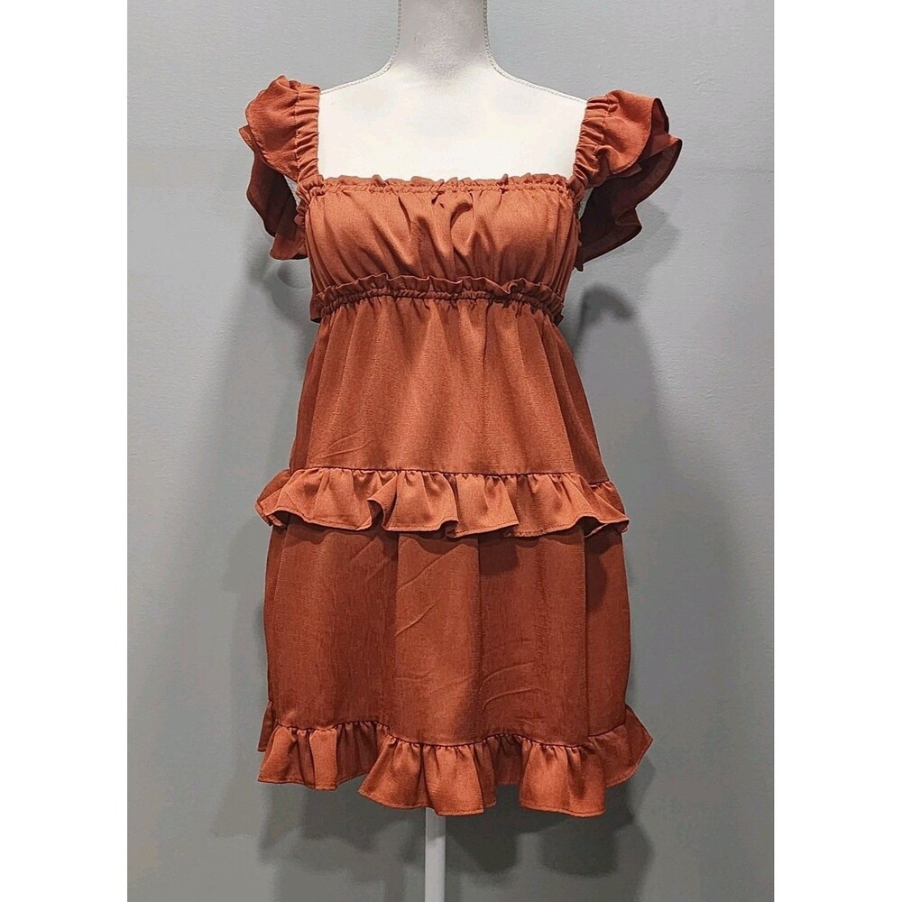 Weworewhat Women's Flirty Ruffle Mini Dress Crinkle Chiffon Clay Terracotta Sz M